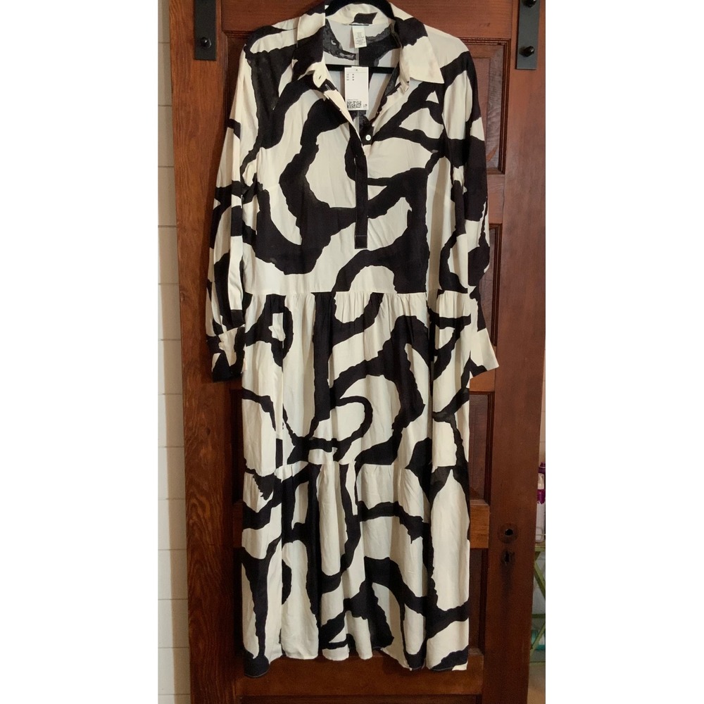 H&M Womens Abstract Swirl Print Tiered Midi Shirt Dress Black White NWT Size M